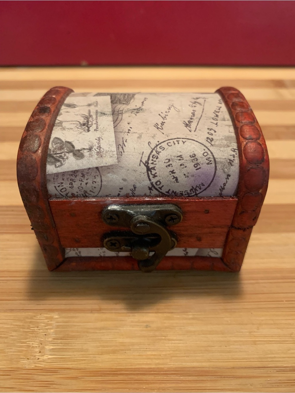 Small Decorative Wooden Treasure Chest in  Dark Rust Orange and Cream Colors